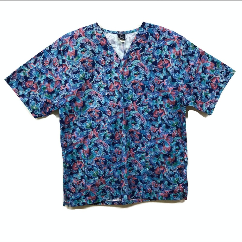 NWOT Barco Sz Large Blue Butterfly Scrub Shirt